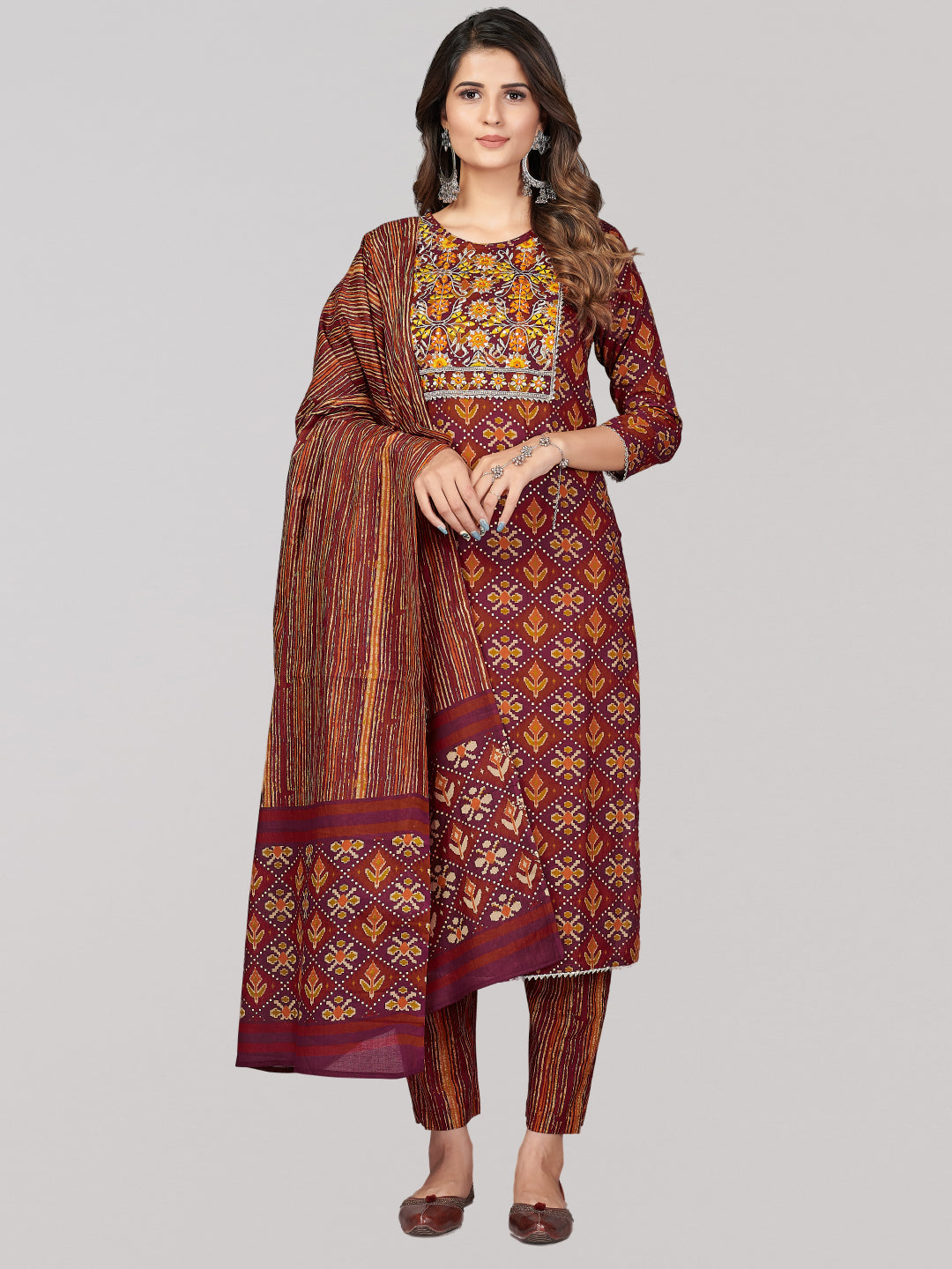 Women's Patola Print & Embroidered & Mirror Work Straight Cotton Brown Stitched Kurta Pant With Dupatta - Vbuyz