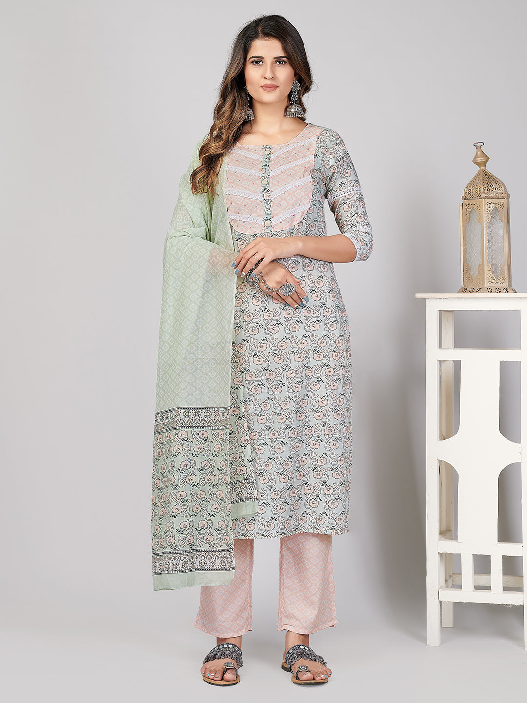 Women's Printed & Sequence Work Straight Cotton Light Green Stitched Kurta Pant With Dupatta - Vbuyz