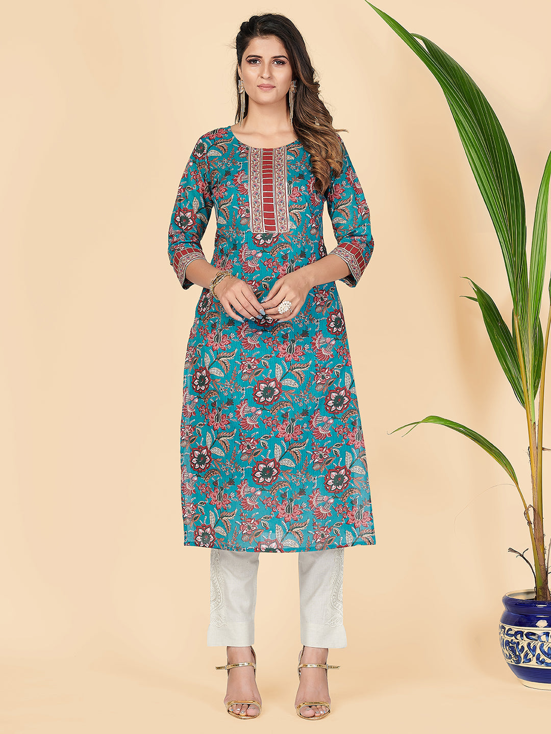 Women's Floral Print & Gota Patti Straight Cotton Teal Stitched Kurta - Vbuyz