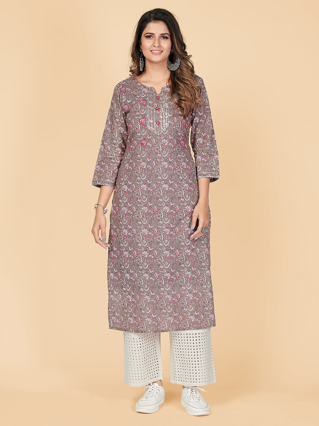 Women's Printed & Gota Patti Straight Cotton Grey Stitched Kurta - Vbuyz