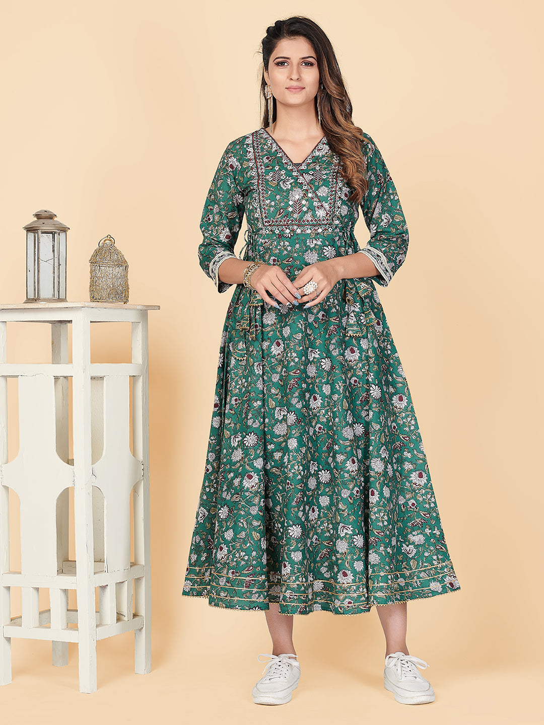 Women's Green Printed Anarkali Cotton Kurta By Vbuyz (1 Pc Set)