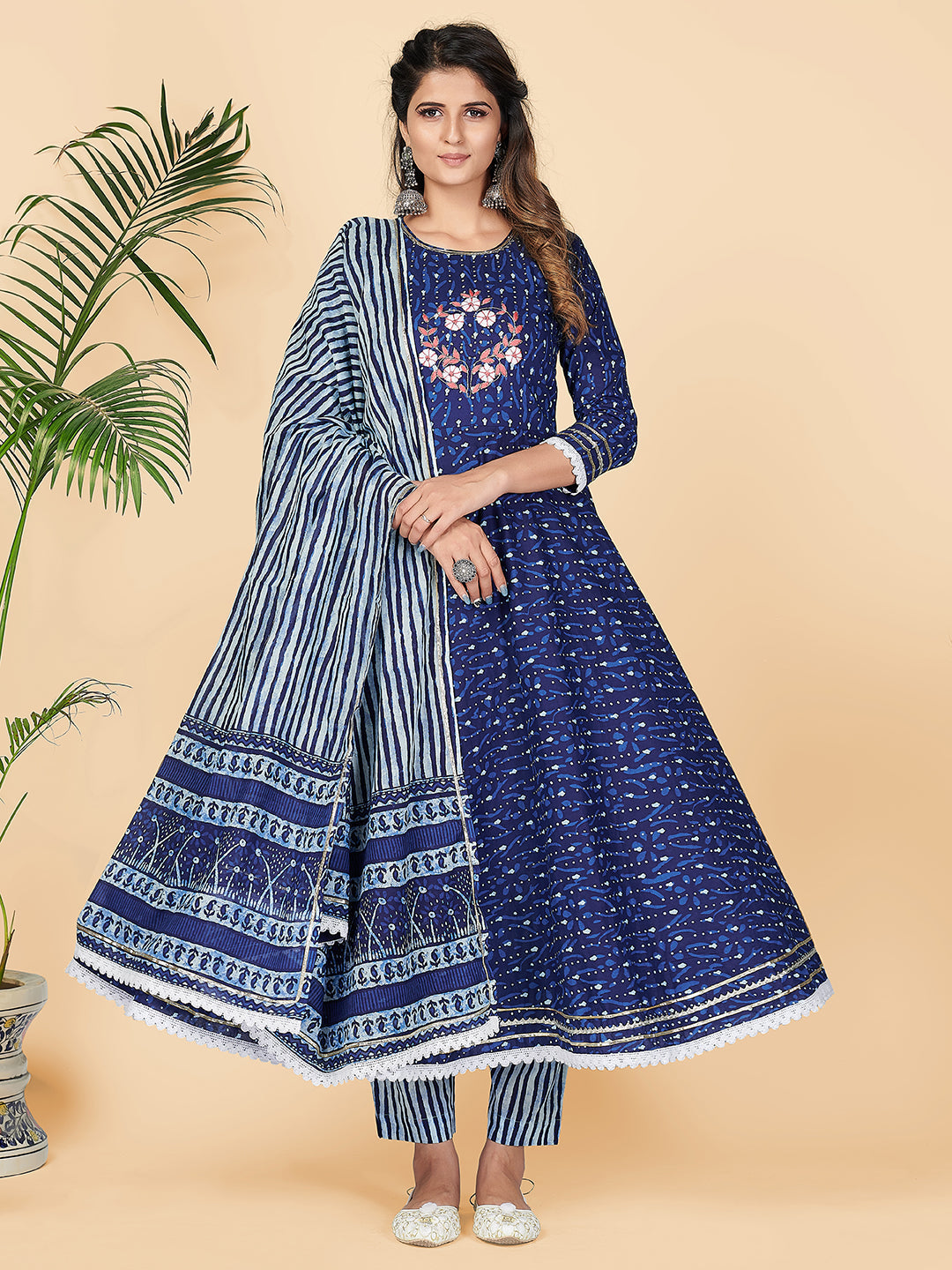 Women's Printed & Hand Work Anarkali Cotton Blue Stitched Kurta Pant With Dupatta - Vbuyz