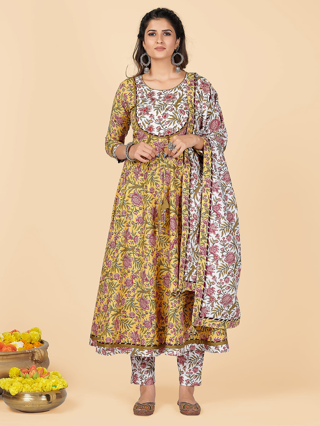 Women's Yellow Anarkali Kurta & Pant With Dupatta By Vbuyz- (3Pcs Set)