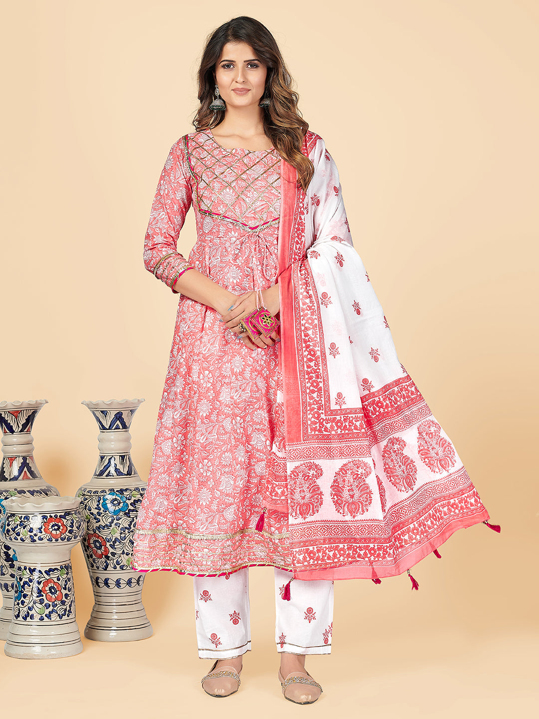 Women's Printed & Gota Patti Anarkali Cotton Peach Stitched Kurta Pant With Dupatta - Vbuyz