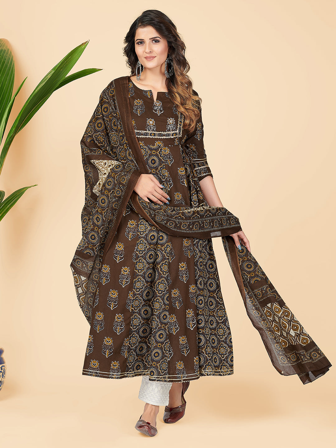 Women's Printed & Embroidered Anarkali Cotton Brown Stitched Kurta With Dupatta - Vbuyz