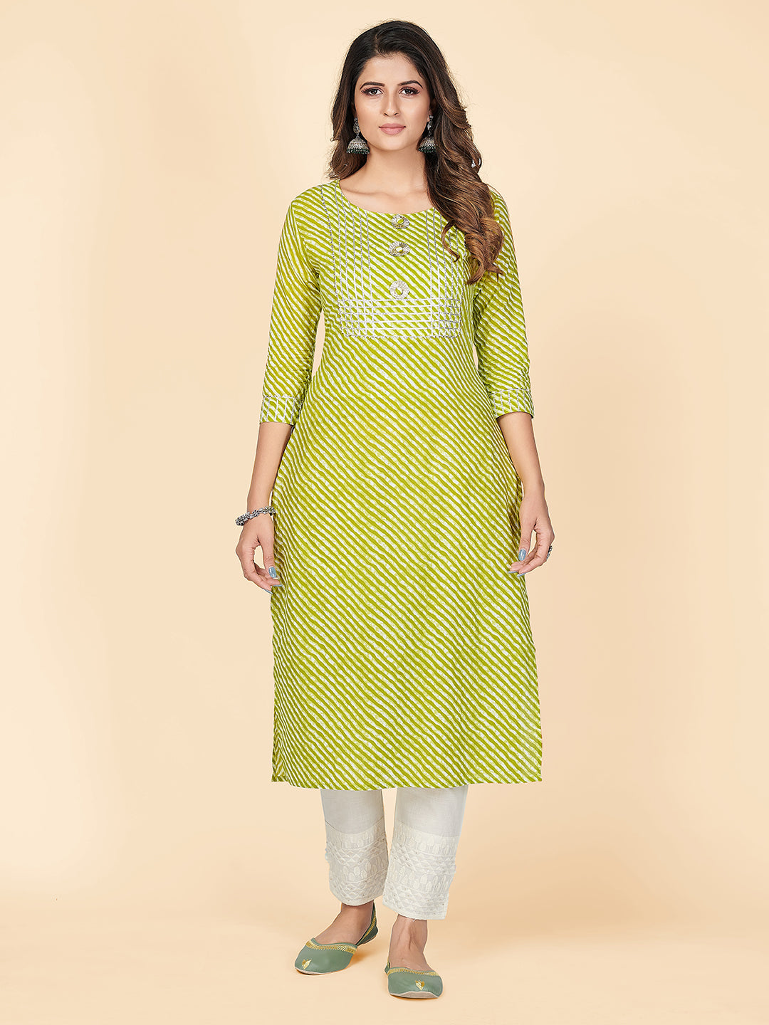 Women's Printed & Gota Patti Straight Cotton Parrot Green Stitched Kurta - Vbuyz