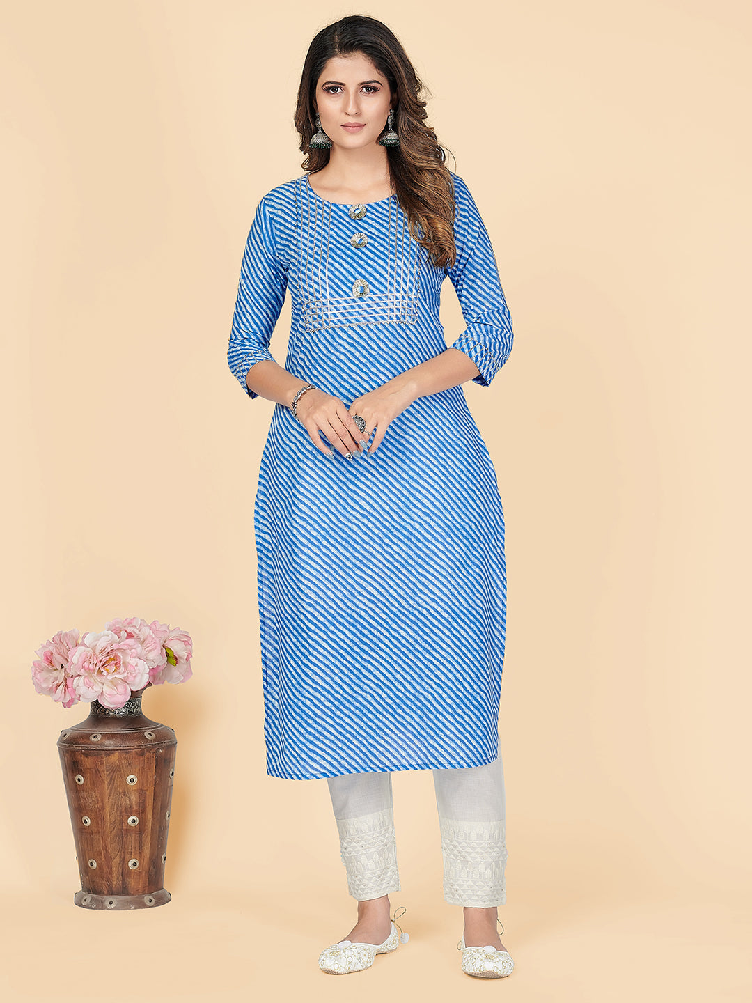 Women's Printed & Gota Patti Straight Cotton Sky Blue Stitched Kurta - Vbuyz