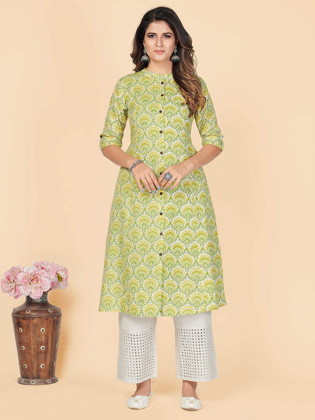 Women's Light Green Cotton Kurta By Vbuyz (1Pc)