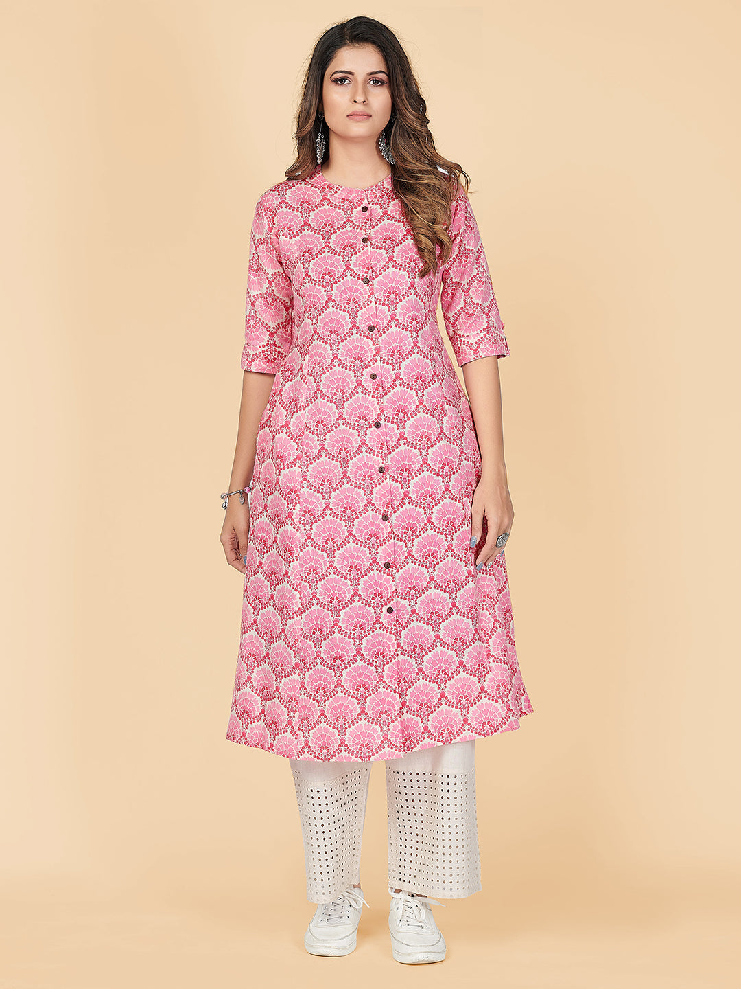 Women's Printed A-Line  Cotton Pink Stitched Kurta With Multiple Slit - Vbuyz