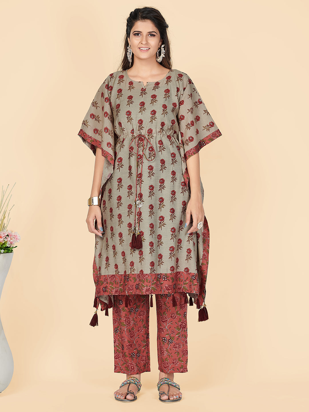 Women's Coral Printed Kaftan Kurta With Pant Set By Vbuyz (2 Pc Set)