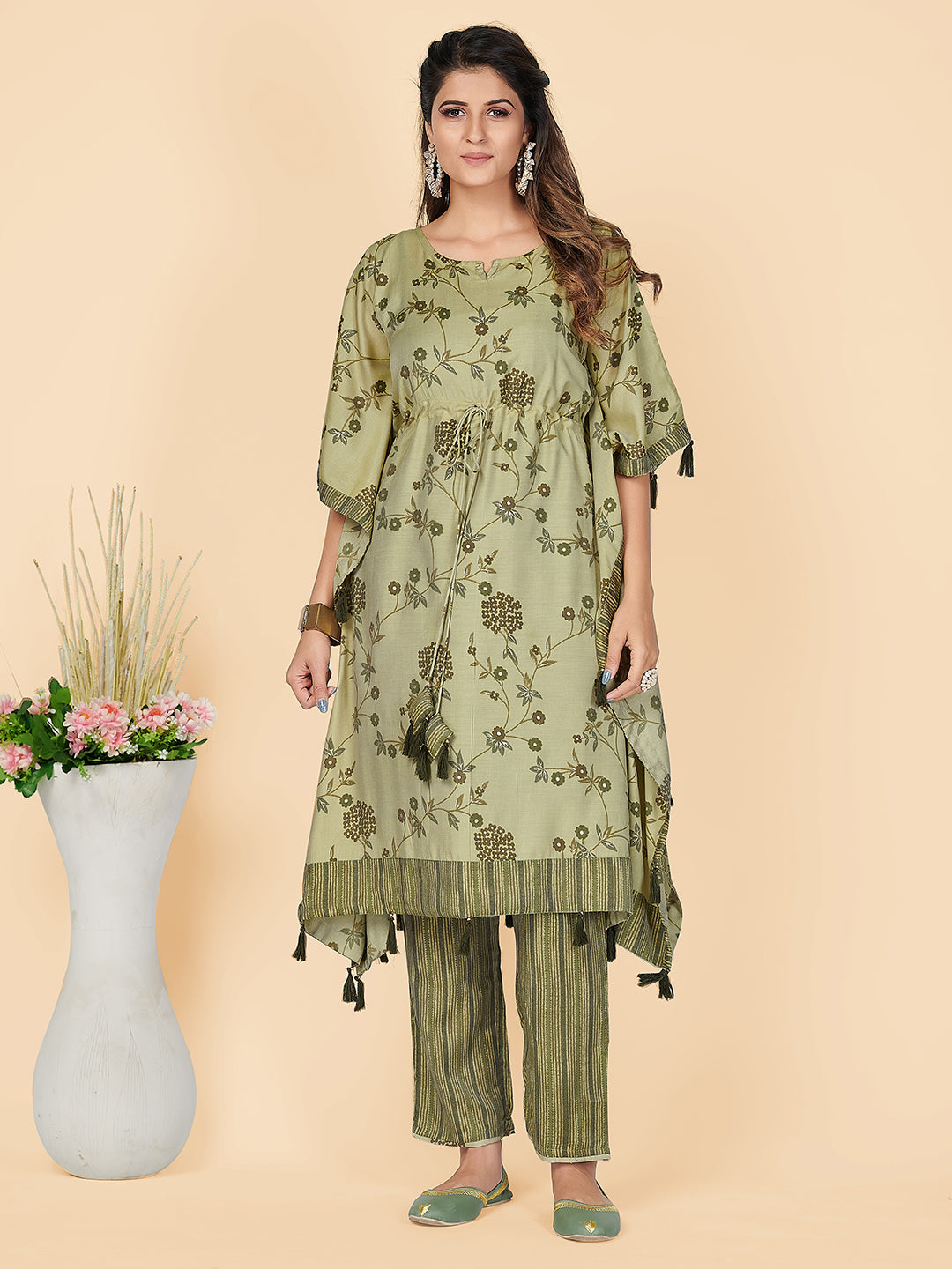 Women's Foil Print  Chanderi Pista Stitched Kaftan Kurta With Pant Set - Vbuyz