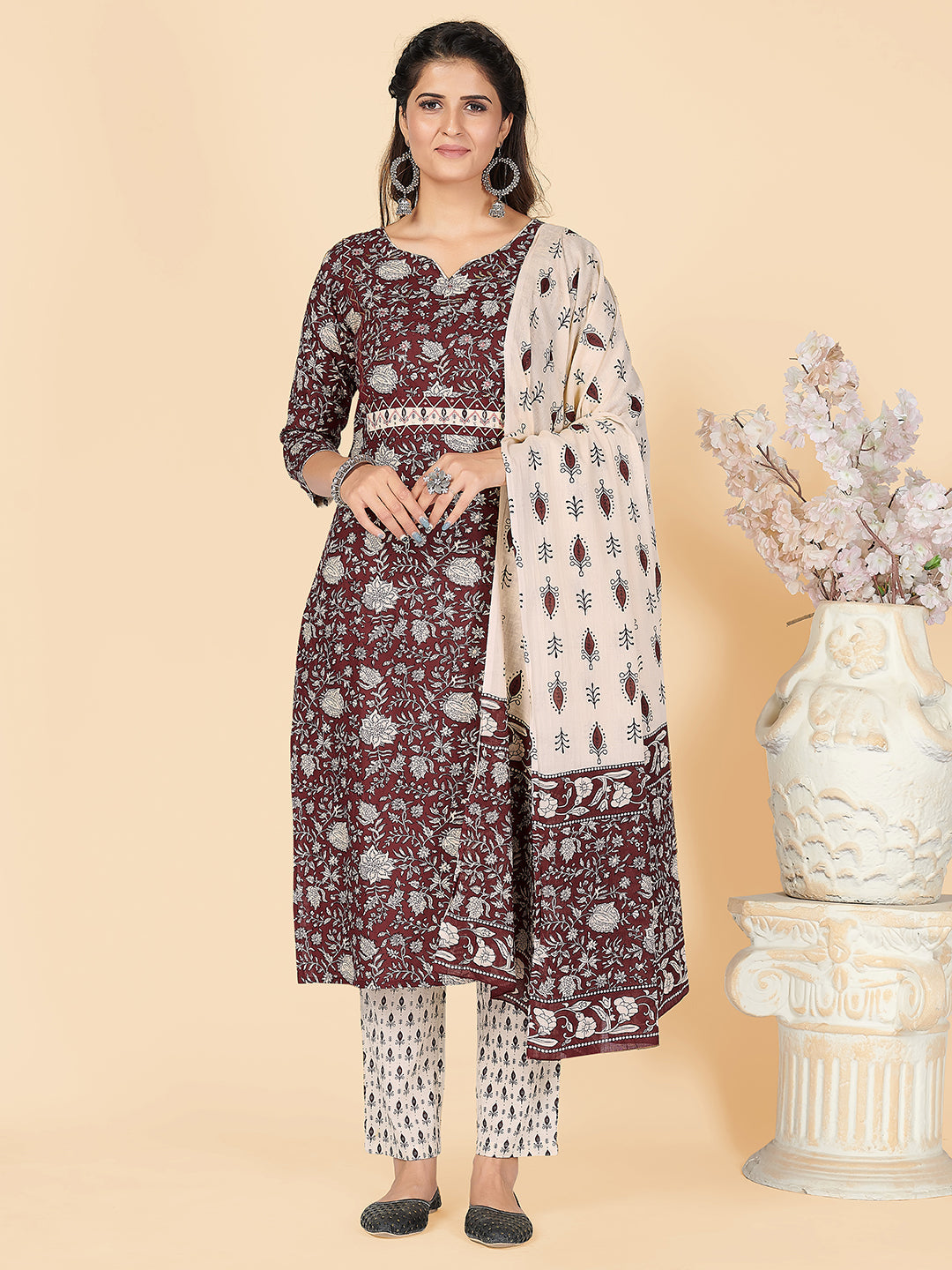 Women's Printed & Embroidered Straight Cotton Wine Stitched Kurta Pant With Dupatta - Vbuyz