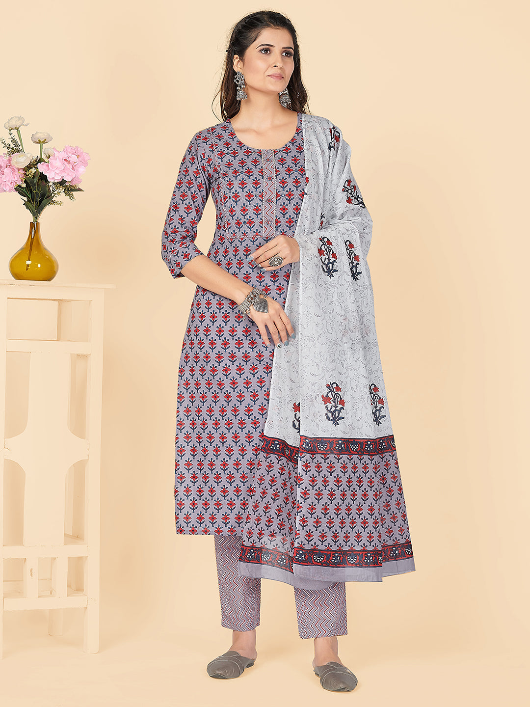 Women's Printed & Embroidered Straight Cotton Lavender Stitched Kurta Pant With Dupatta - Vbuyz