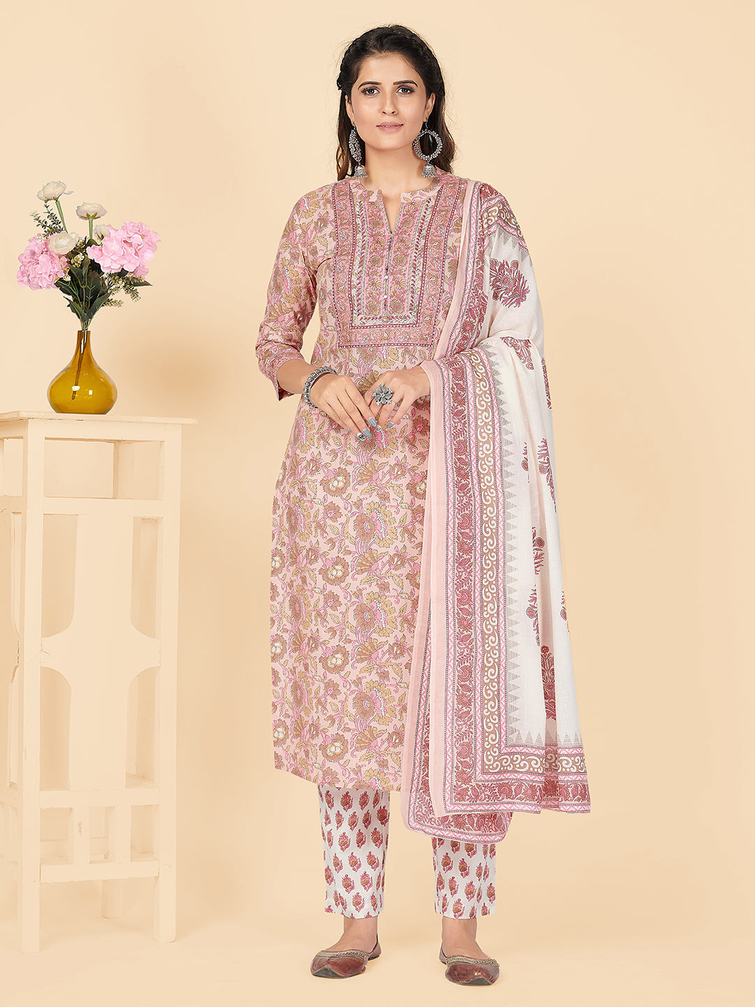 Women's Printed & Embroidered Straight Cotton Peach Stitched Kurta Pant With Dupatta - Vbuyz