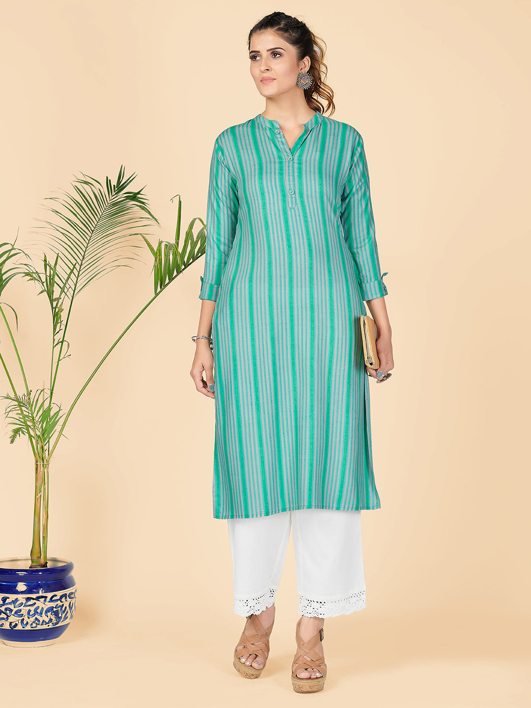 Women's Stripe Print Straight Rayon Grey & Green Stitched Kurta - Vbuyz