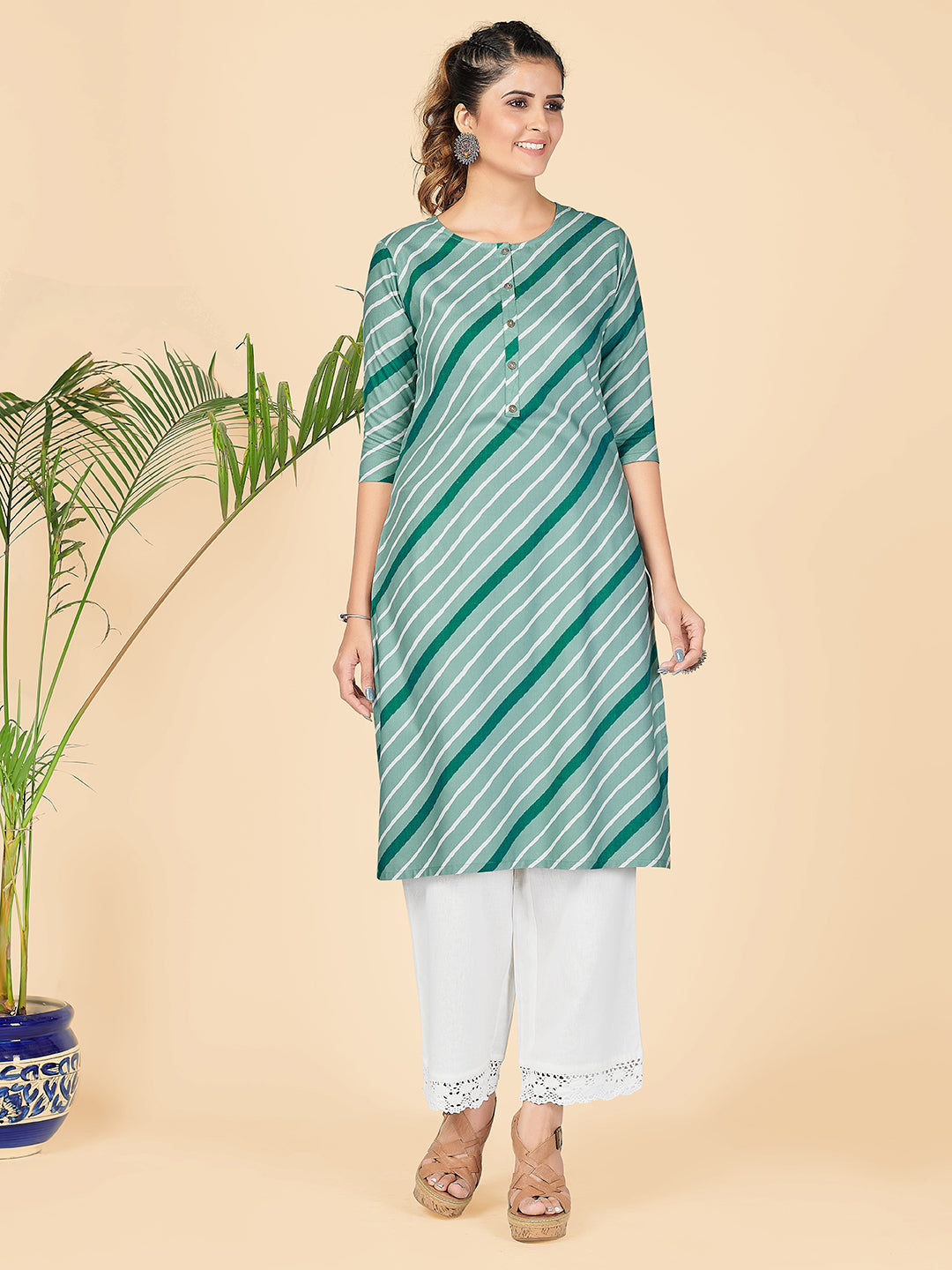 Women's Stripe Print Straight Rayon See Green Stitched Kurta - Vbuyz