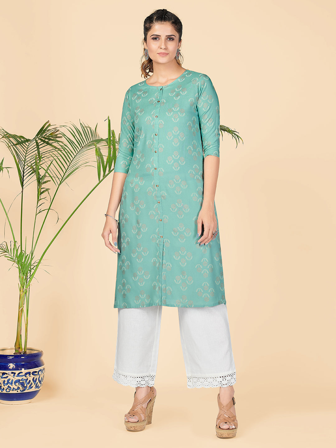 Women's Foil Print Straight Rayon Turquoise Stitched Kurta - Vbuyz