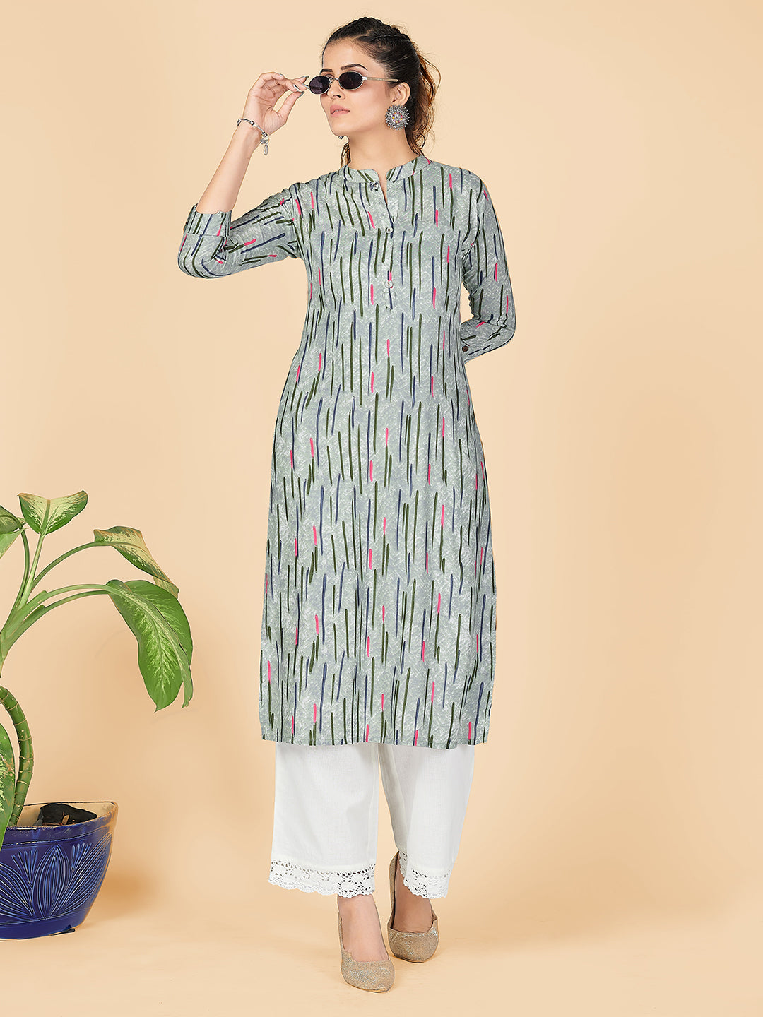 Women's Printed Straight Rayon Pista Stitched Kurta - Vbuyz