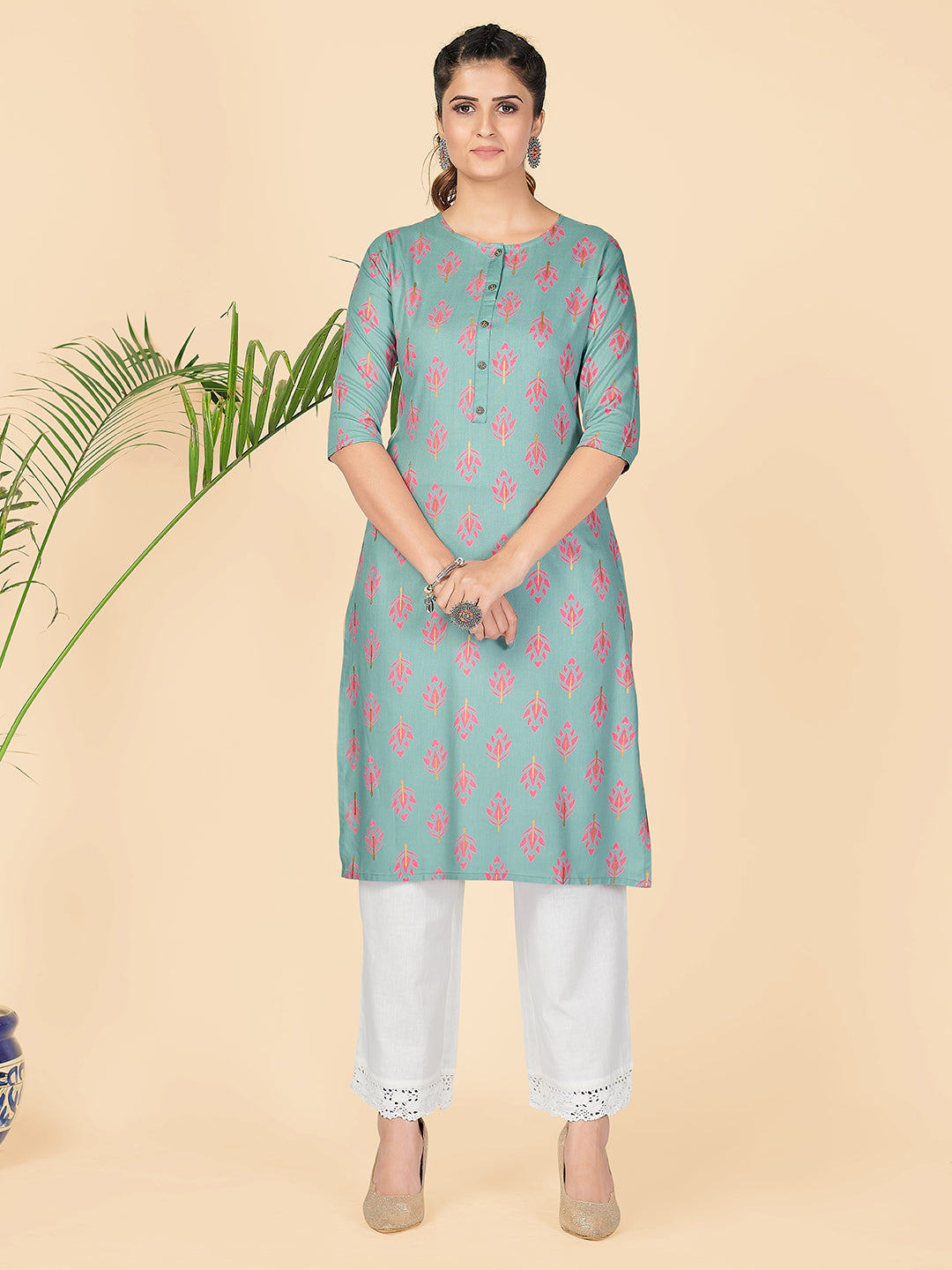 Women's Printed Straight Rayon Turquoise Stitched Kurta - Vbuyz