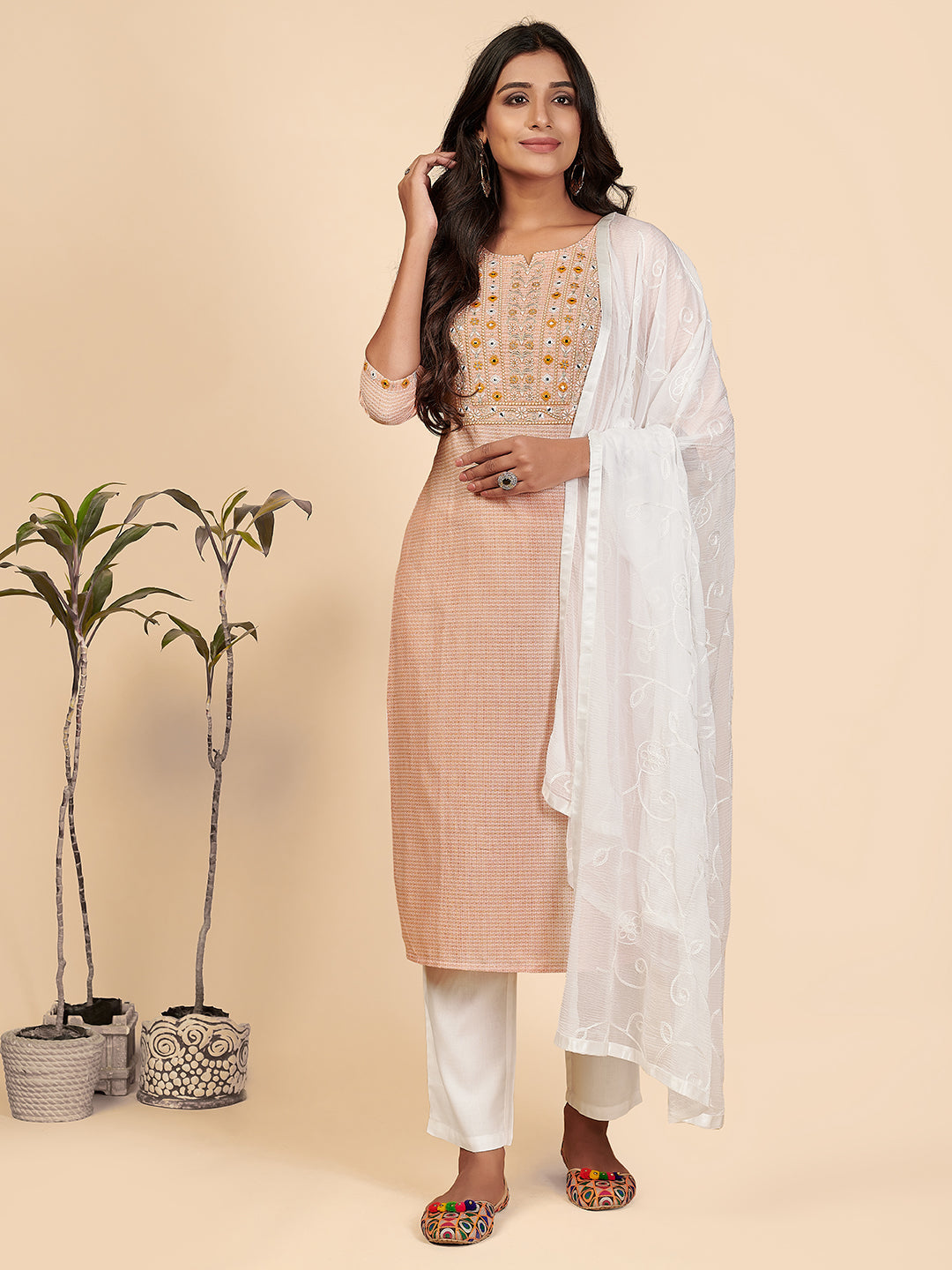 Women's Orange Cotton Kurta With Pants & Dupatta Set By Vbuyz (3 Pc Set)