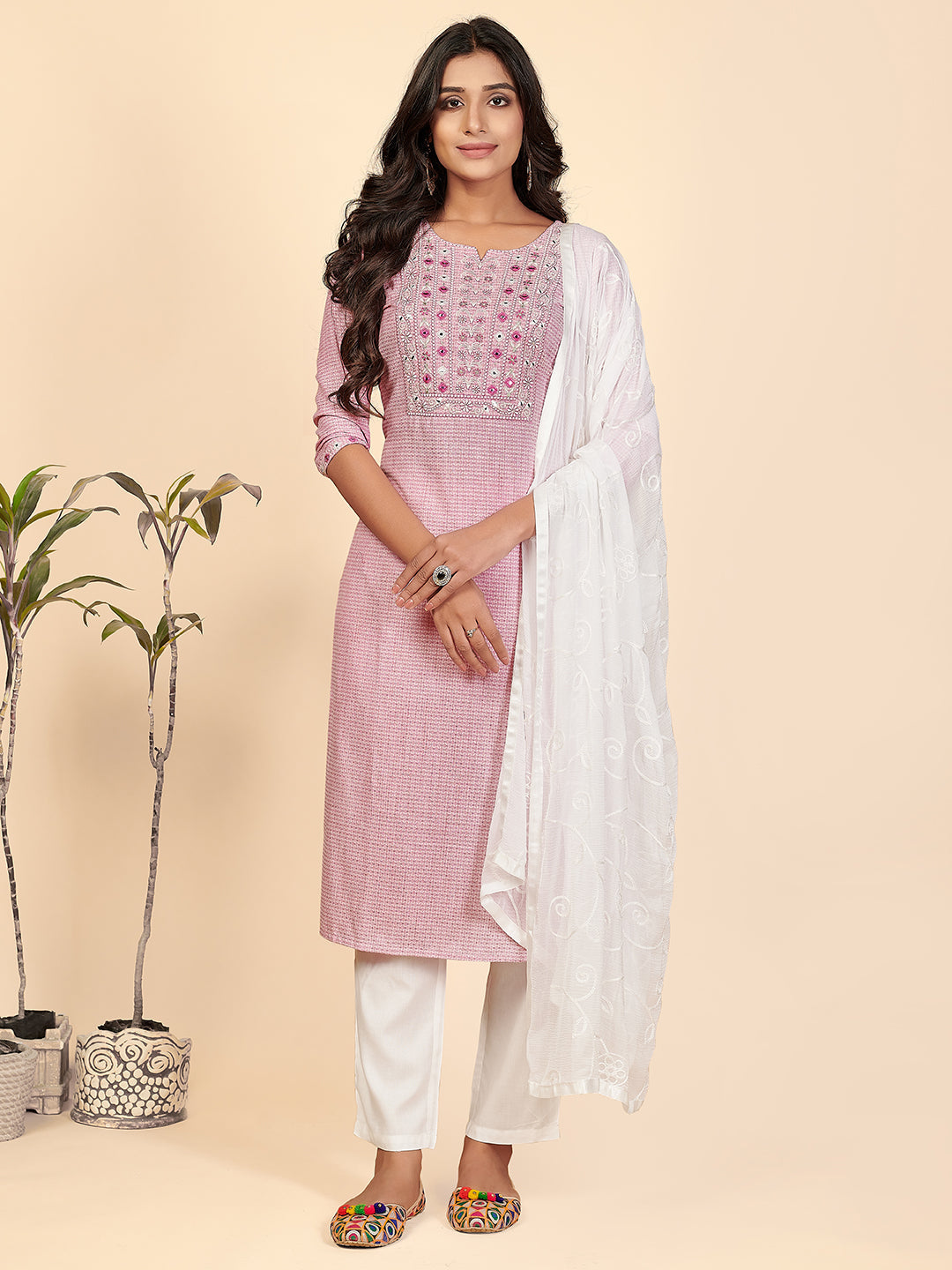 Women's Pink Cotton Kurta With Pants & Duapatta By Vbuyz (3 Pc Set)