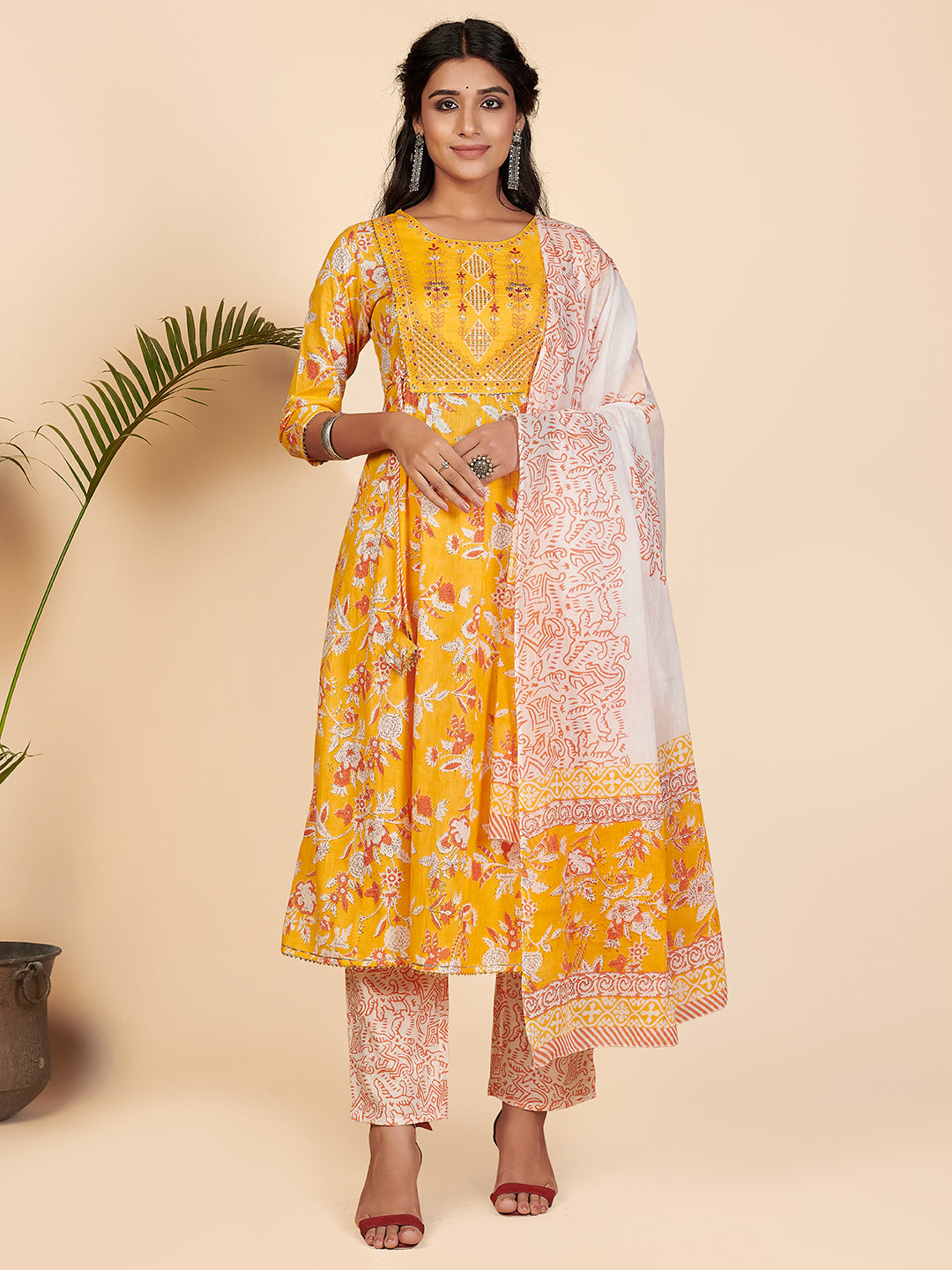 Women's Yellow Floral Printed Anarkali Kurta With Pants & Dupatta By Vbuys (3 Pc Set)