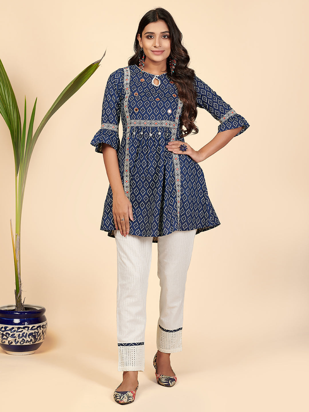 Women's Embroidered & Mirror Work Flared Cotton Blue Stitched Top With Pant - Vbuyz