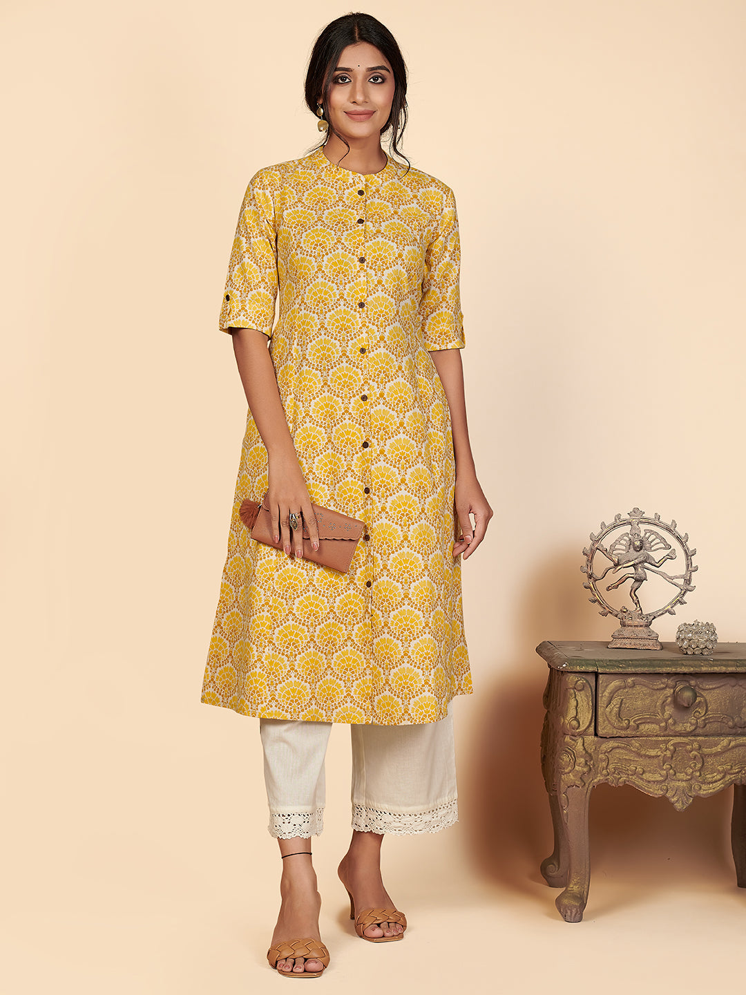 Women's Printed A-Line Cotton Yellow Stitched Kurta With Multiple Slit - Vbuyz