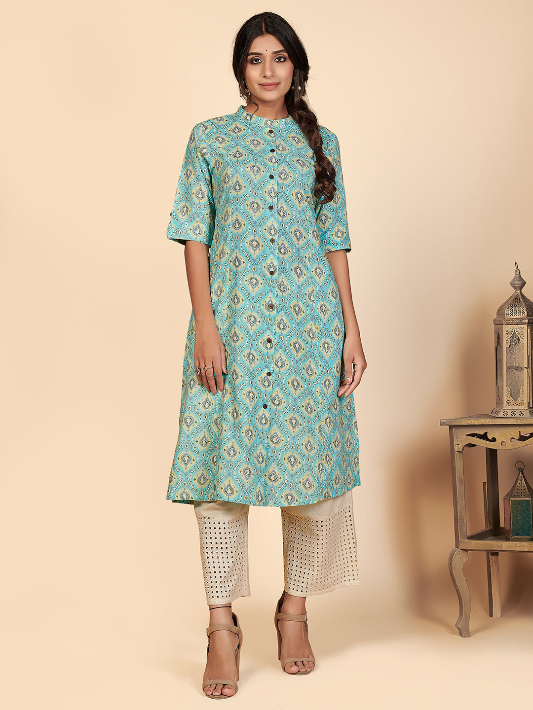 Women's Printed A-Line Cotton Sky Blue Stitched Kurta With Multiple Slit - Vbuyz