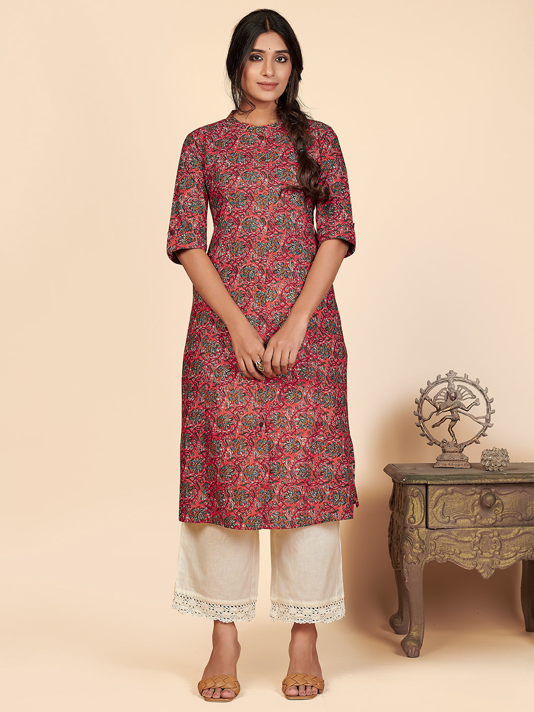 Women's Printed A-Line Cotton Pink Stitched Kurta With Multiple Slit - Vbuyz