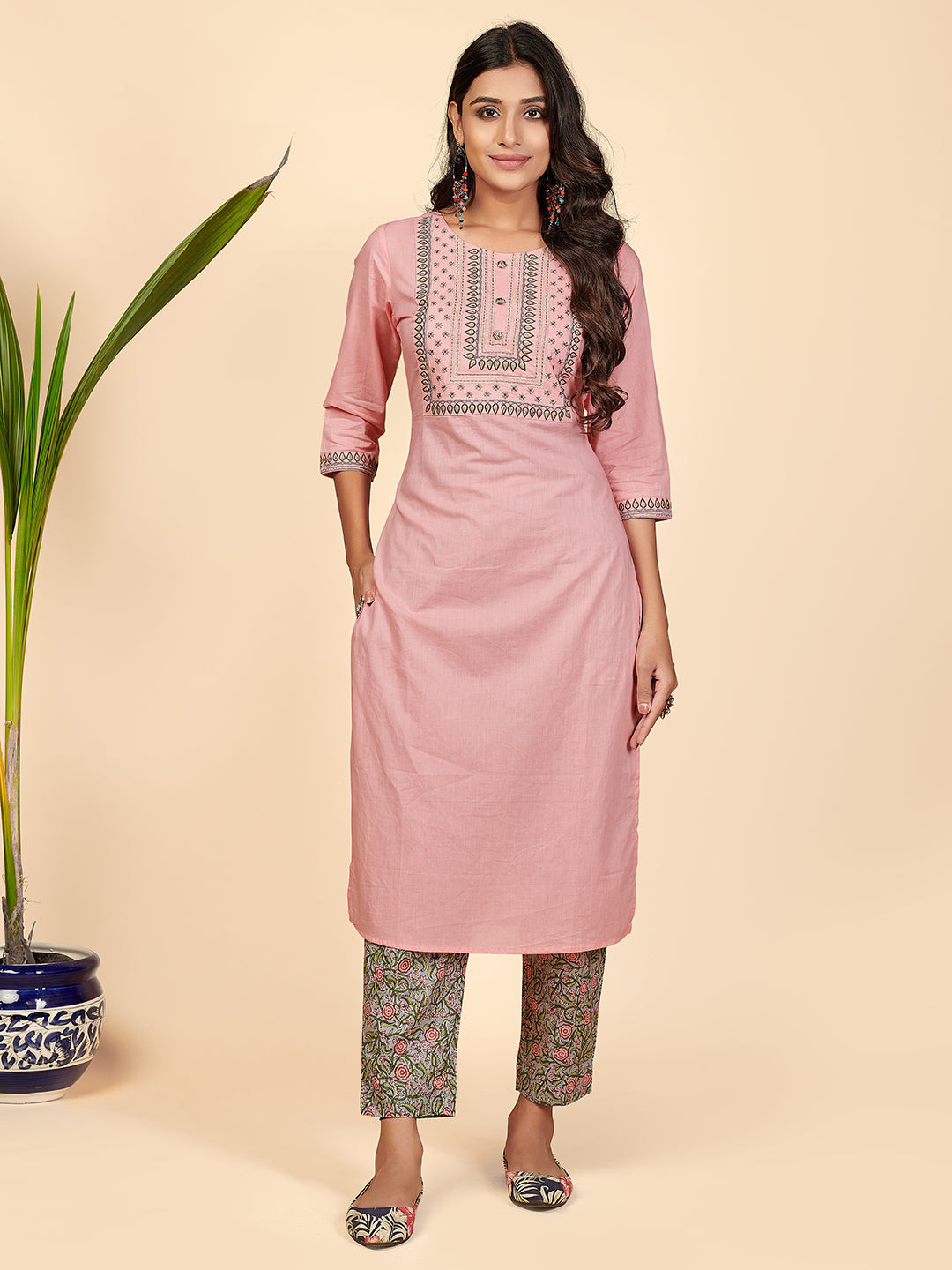 Women's Pink Embroidered Cotton Kurta With Pants Set By Vbuyz (2 Pc Set)