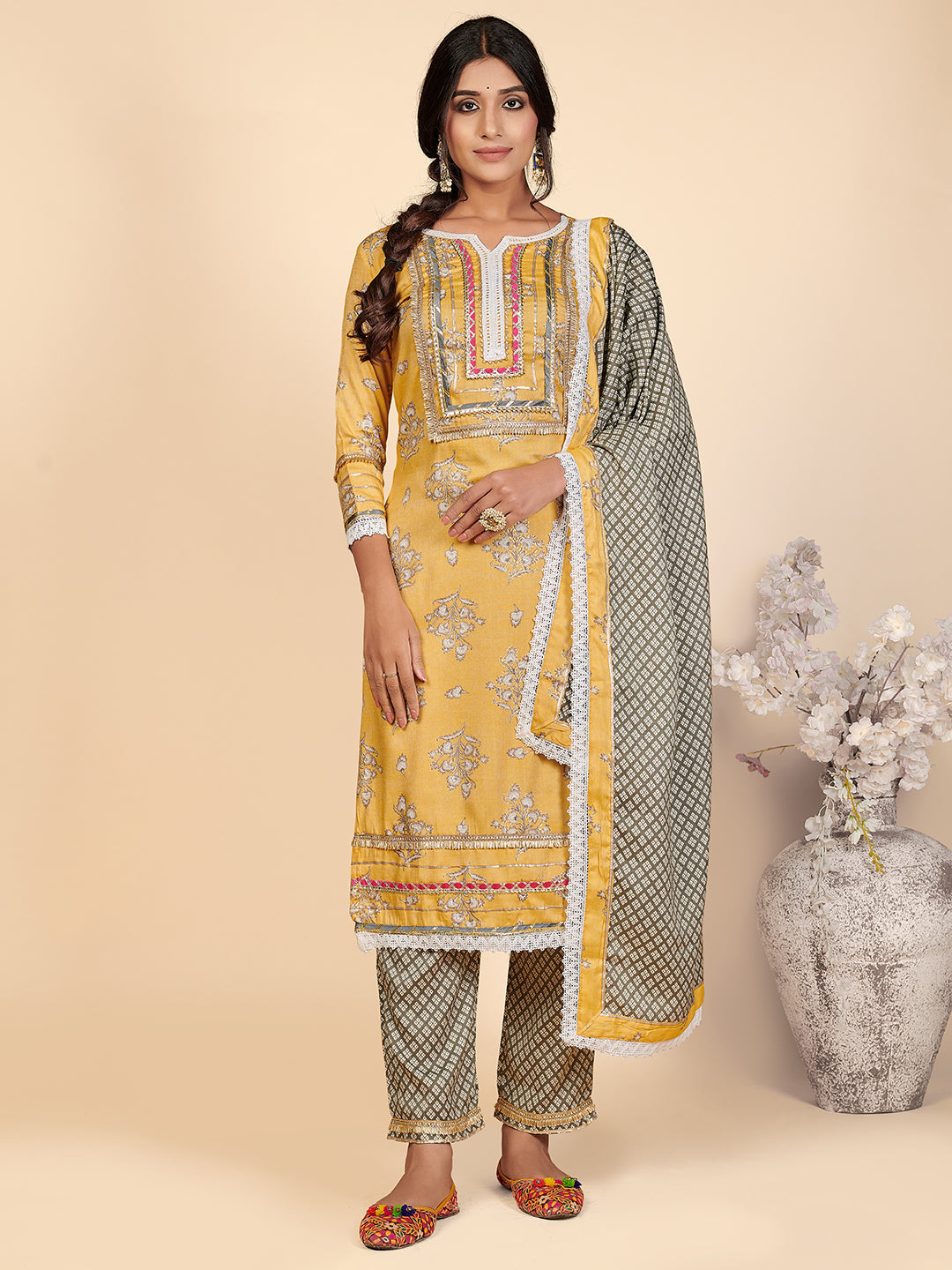 Women's Yellow Printed Kurta With Pants & Dupatta By Vbuyz (3 Pc Set)