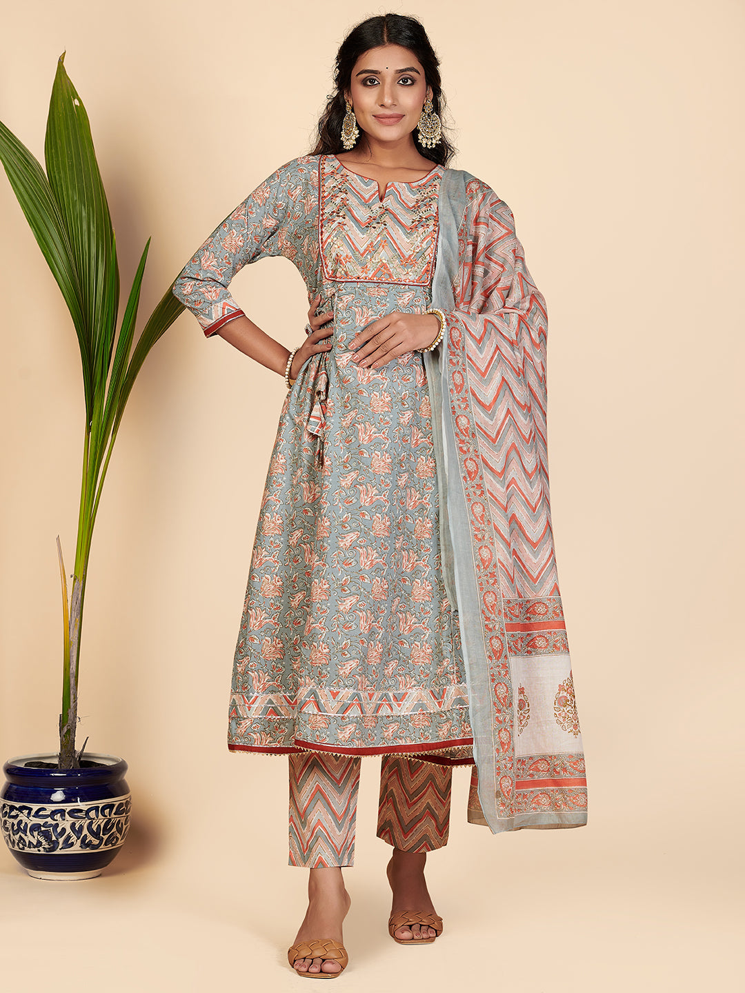 Women's Printed & Embroidered Anarkali Cotton Grey Stitched Kurta Pant With Dupatta - Vbuyz