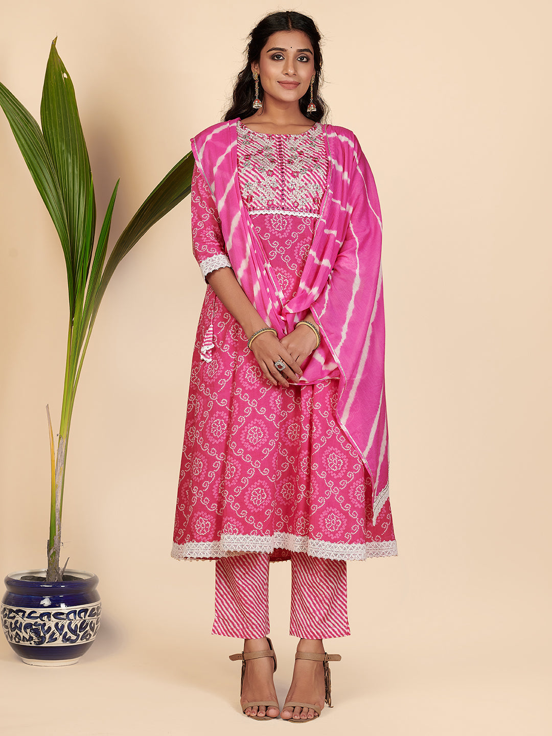 Women's Bandhani Print & Embroidered Anarkali Cotton Pink Stitched Kurta Pant With Dupatta - Vbuyz