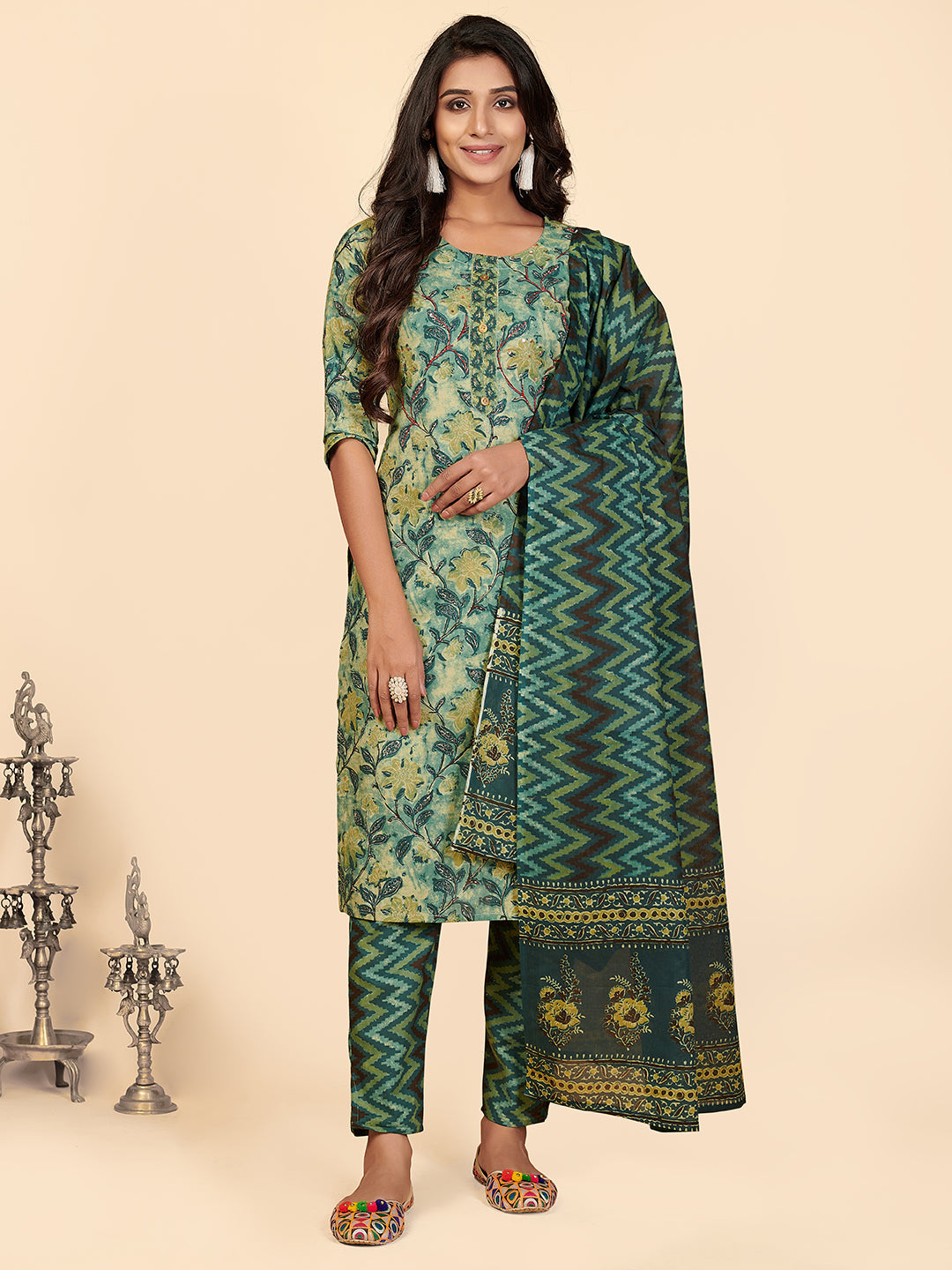 Women's Printed & Hand Work Straight Cotton Teal Stitched Kurta Pant With Dupatta - Vbuyz