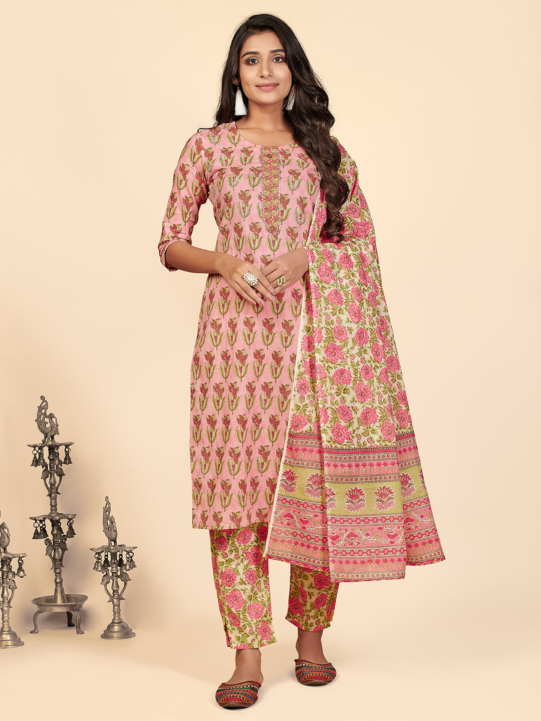 Women's Printed & Sequience Work Straight Cotton Pink Stitched Kurta Pant With Dupatta - Vbuyz