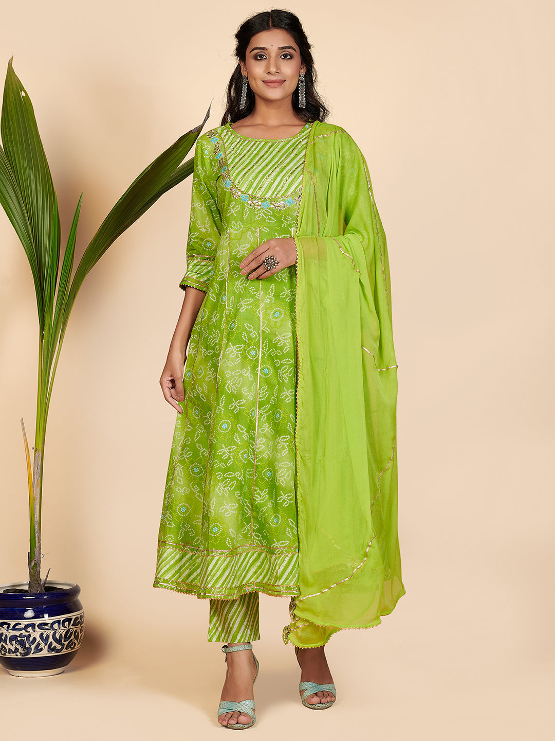 Women's Bandhani Print & Embroidered Anarkali Cotton Parrot Green Stitched Kurta Pant With Dupatta - Vbuyz