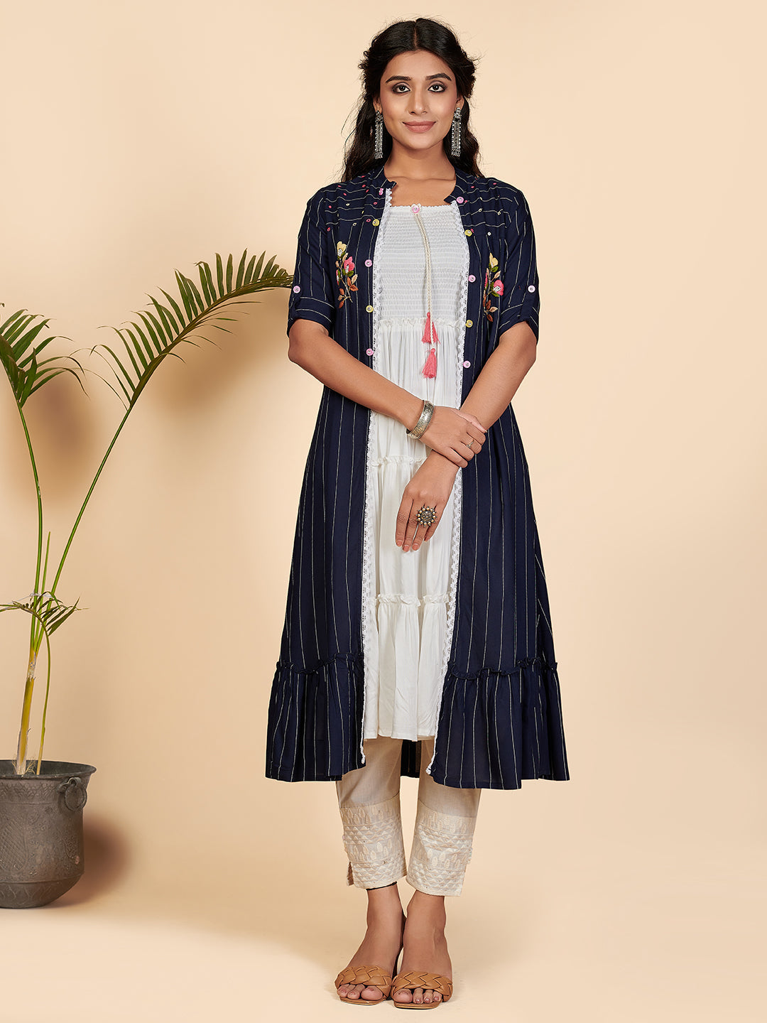 Women's Blue Rayon Kurta With Shrug By Vbuyz (2Pcs)