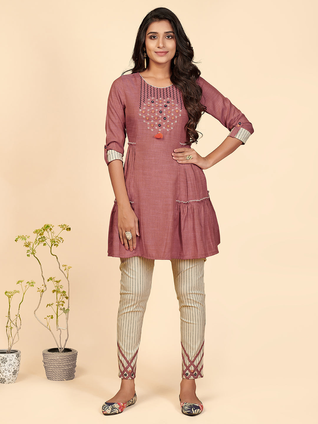 Women's Embroidered Flared Cotton Pink Stitched Top With Pant - Vbuyz