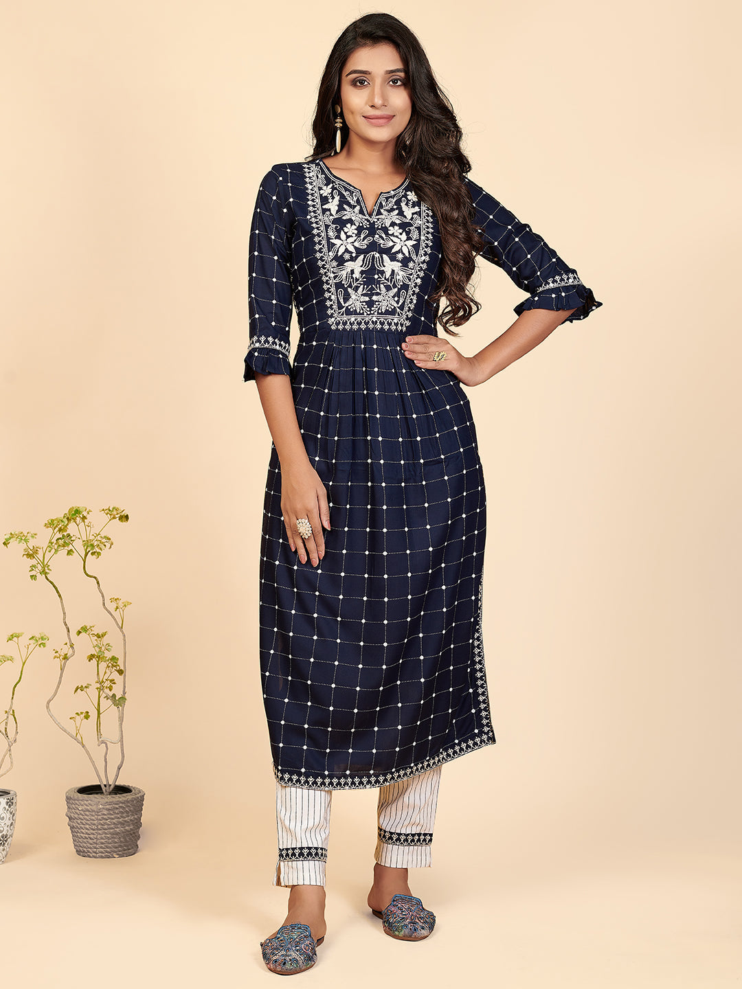 Women's Printed & Embroidered A-Line With Side Slit Rayon Blue Stitched Kurta With Pant - Vbuyz