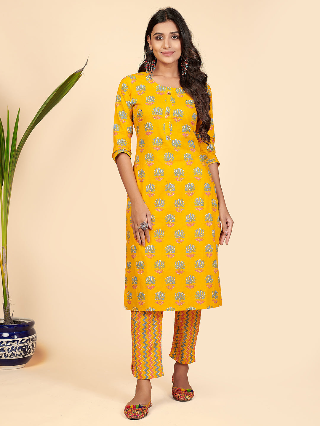 Women's Printed & Embroidered Straight Cotton Yellow Stitched Kurta With Pant - Vbuyz