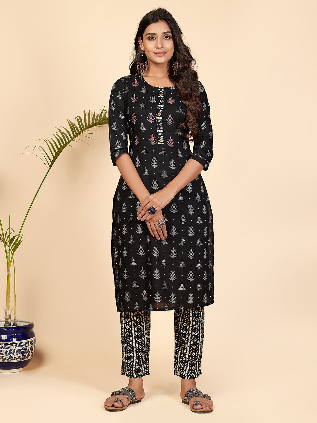 Women's Printed & Hand Work Straight Cotton Black Stitched Kurta With Pant - Vbuyz