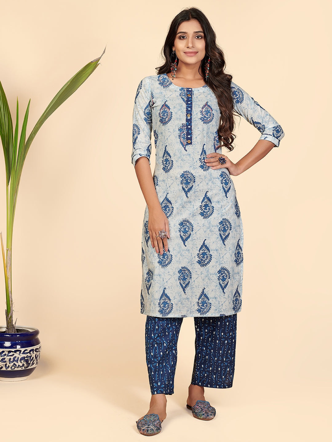 Women's Printed & Hand Work Straight Cotton White Stitched Kurta With Pant - Vbuyz