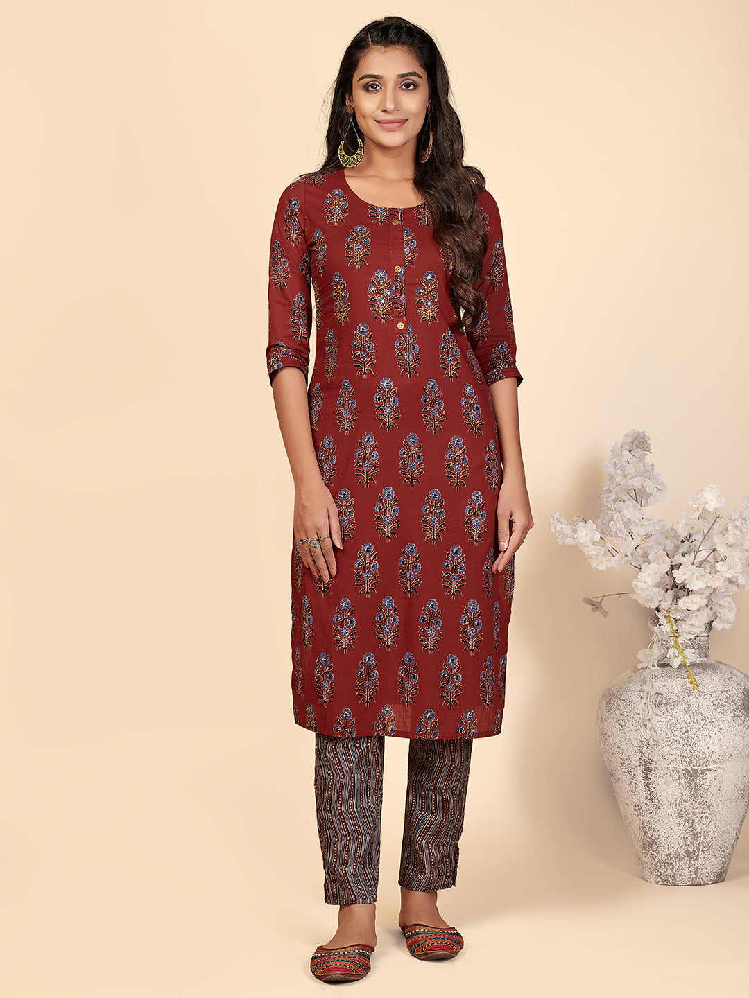 Women's Printed & Hand Work Straight Cotton Maroon Stitched Kurta With Pant - Vbuyz