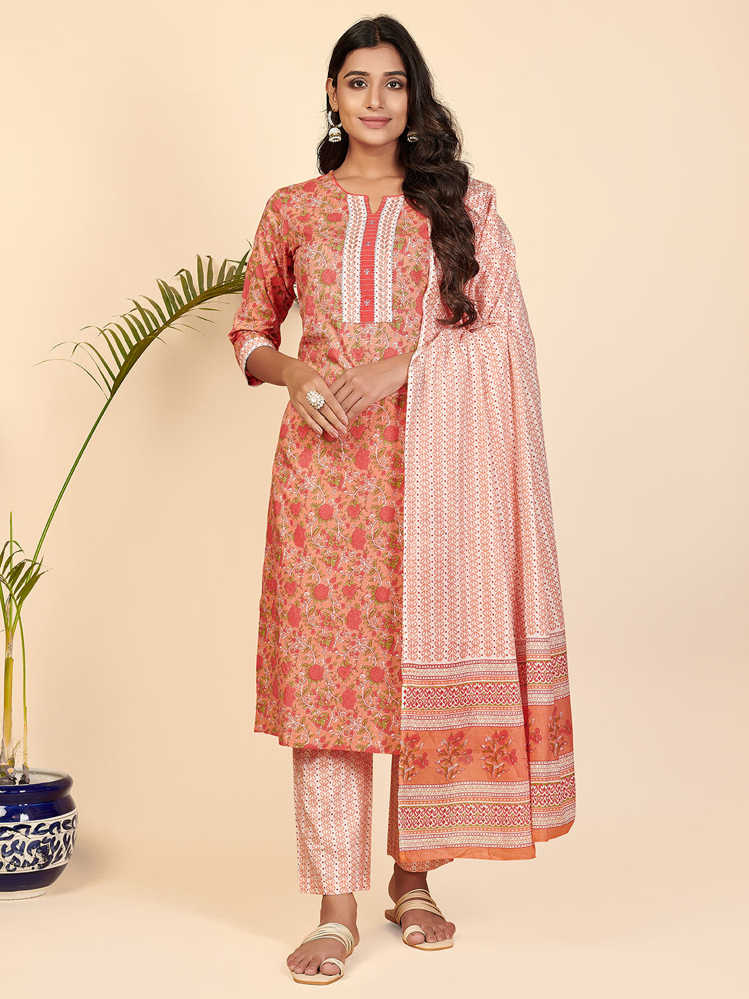 Women's Printed & Embroidered Straight Cotton Orange Stitched Kurta Pant With Dupatta - Vbuyz