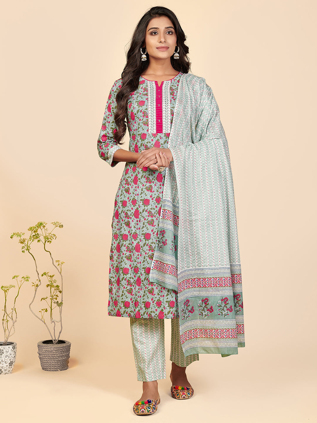 Women's Printed & Embroidered Straight Cotton Pista Stitched Kurta Pant With Dupatta - Vbuyz