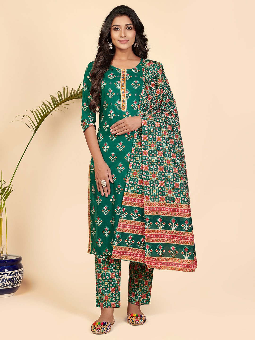 Women's Patola Print & Mirror Work Straight Cotton Green Stitched Kurta Pant With Dupatta - Vbuyz