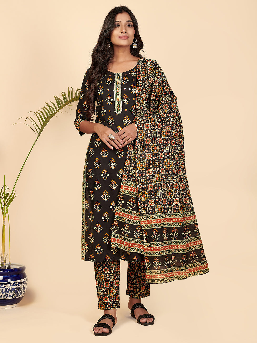 Women's Patola Print & Mirror Work Straight Cotton Black Stitched Kurta Pant With Dupatta - Vbuyz