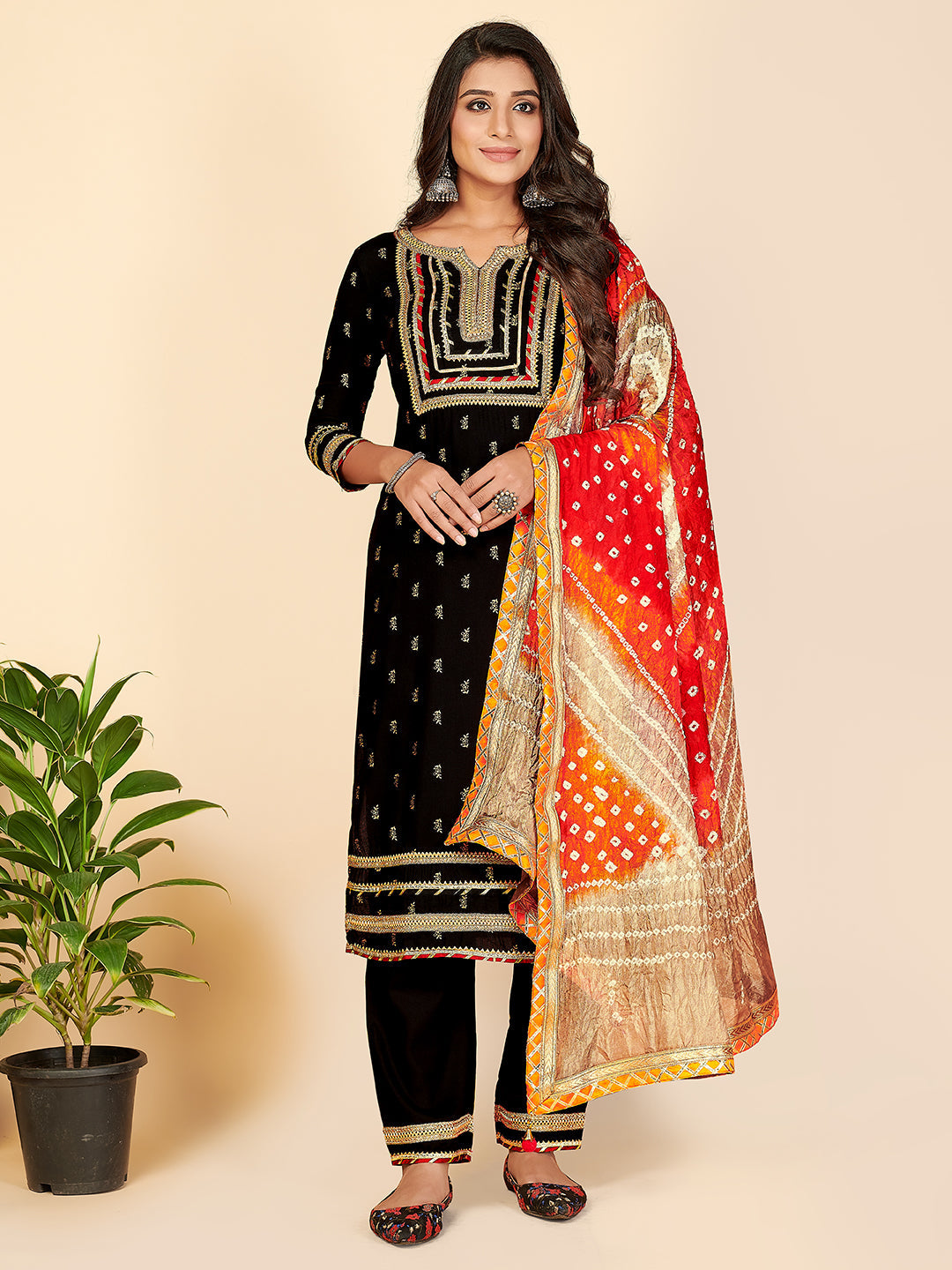 Women's Foil Print & Lace Work Straight Rayon Black Stitched Kurta Pant With Dupatta - Vbuyz