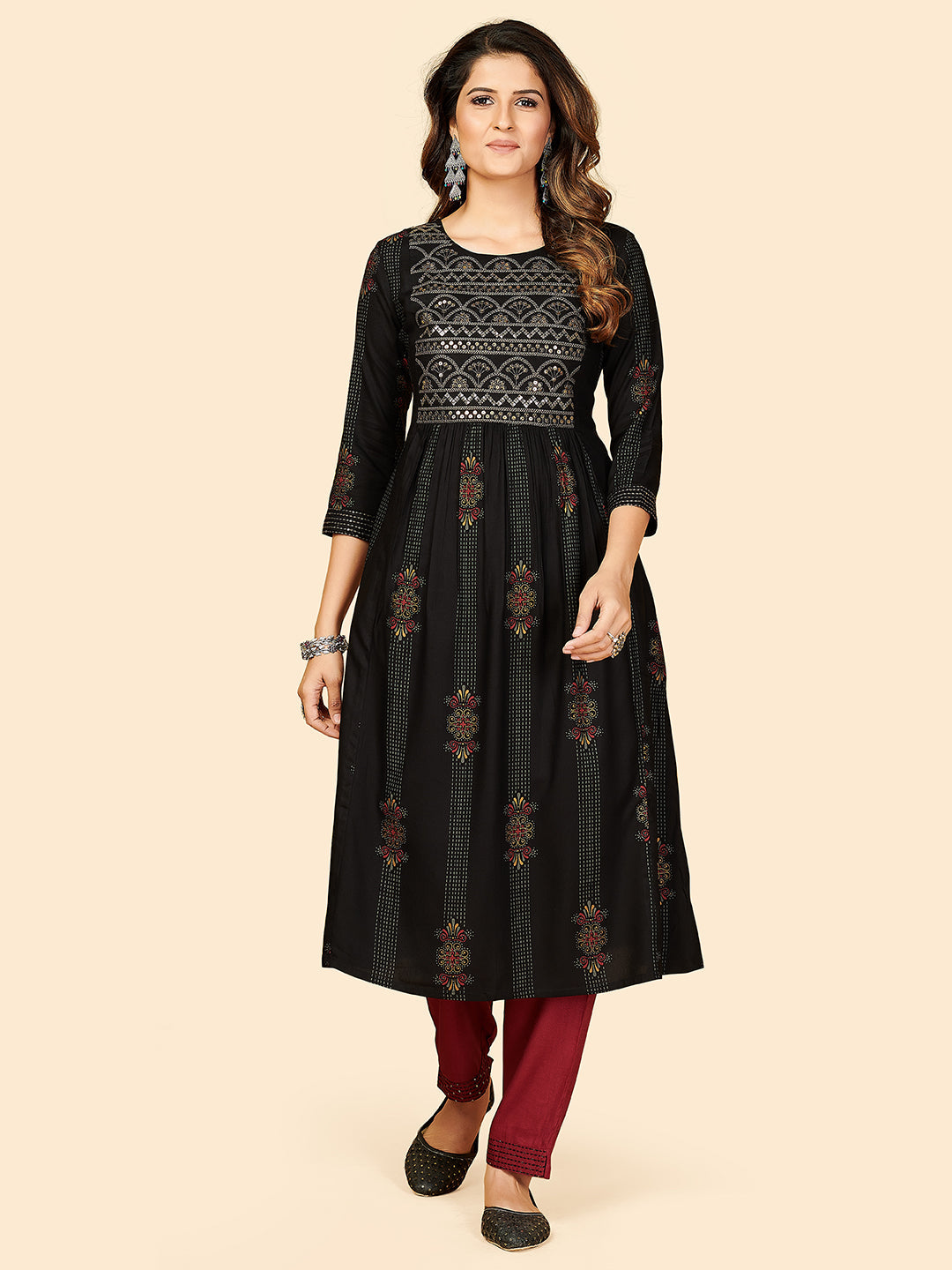 Women's Black Rayon Anarkali Kurta With Pant By Vbuyz (2Pcs Set)